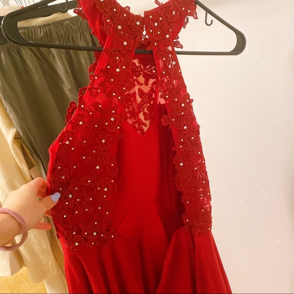 Gorgeous Red Embellished Halter Open Back Dress - Picture 4 of 5